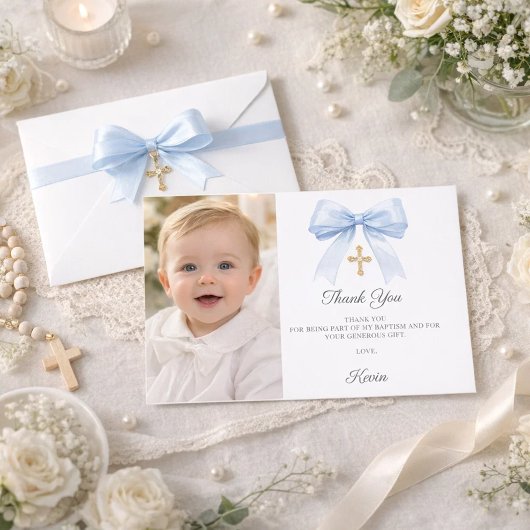Blue bow photo boy gold cross Baptism Bedankkaart