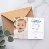Blue bow photo boy gold cross Baptism Bedankkaart