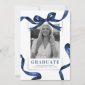 Blue Bow Photo Graduation Party Kaart (Voorkant)