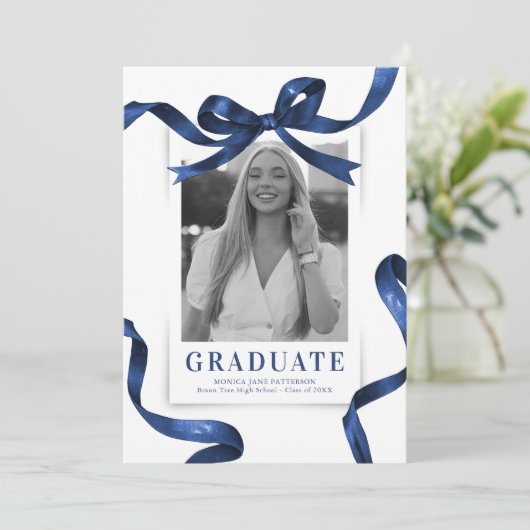 Blue Bow Photo Graduation Party Kaart (Staand voorkant)
