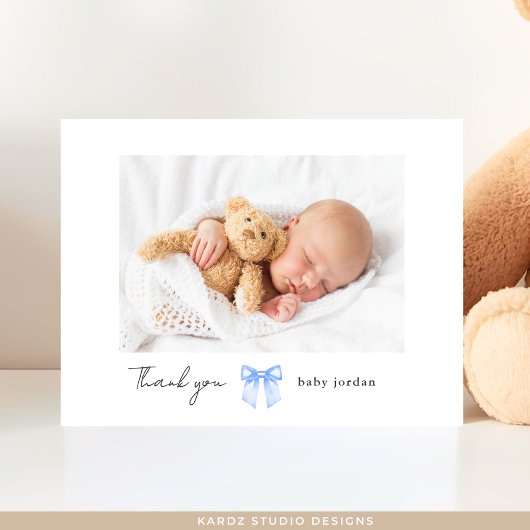 Blue Bow Photo Modern Baby shower Dank u Briefkaart