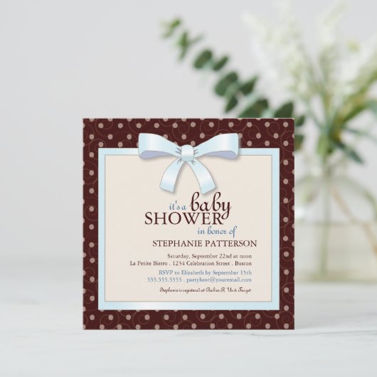 Blue Bow Polka Dot Boy Baby shower Kaart (Staand voorkant)