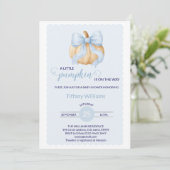 Blue bow pompoen baby shower minimalistisch kaart (Staand voorkant)