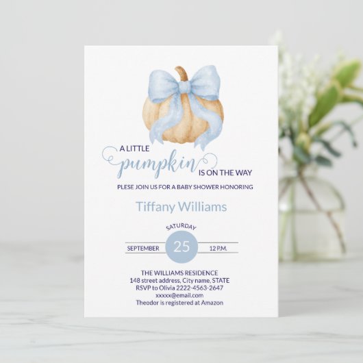Blue bow pompoen baby shower minimalistisch kaart (Staand voorkant)