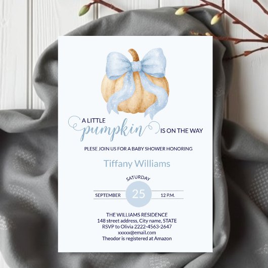 Blue bow pompoen baby shower minimalistisch kaart