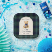 Blue Bow Preppy Teddy Bear 1st Birthday Papieren Bordje (Feest)