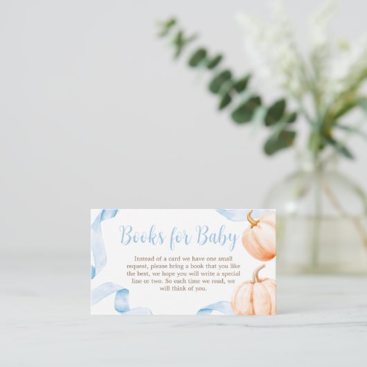 Blue Bow Pumpkin Baby Shower Books for Baby Informatiekaartje (Staand voorkant)