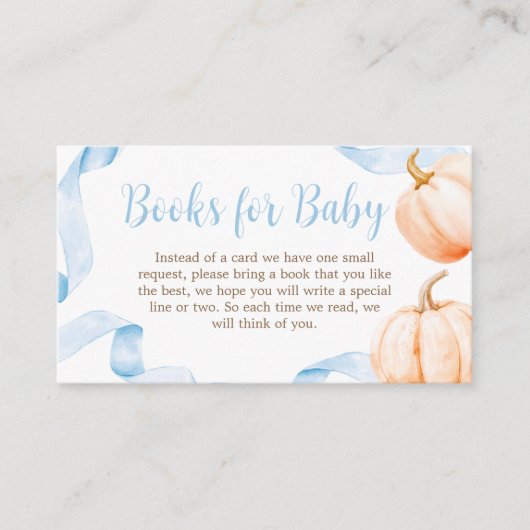 Blue Bow Pumpkin Baby Shower Books for Baby Informatiekaartje (Voorkant)