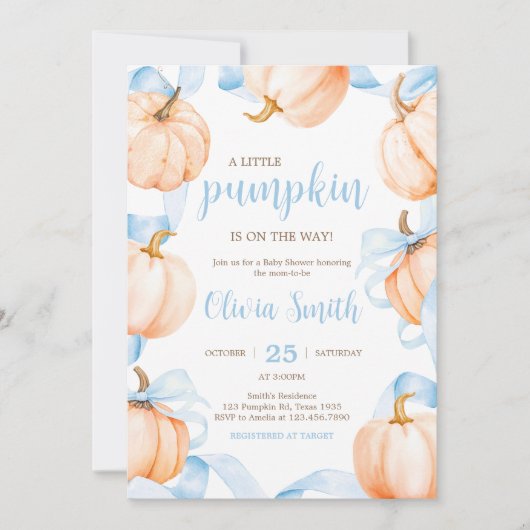 Blue Bow Pumpkin Baby Shower Kaart (Voorkant)