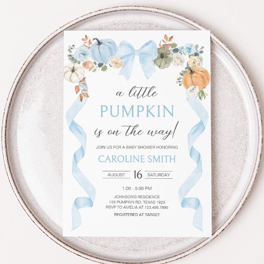 Blue Bow Pumpkin-Baby shower Kaart