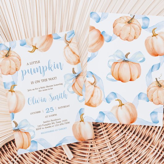 Blue Bow Pumpkin Baby Shower Kaart