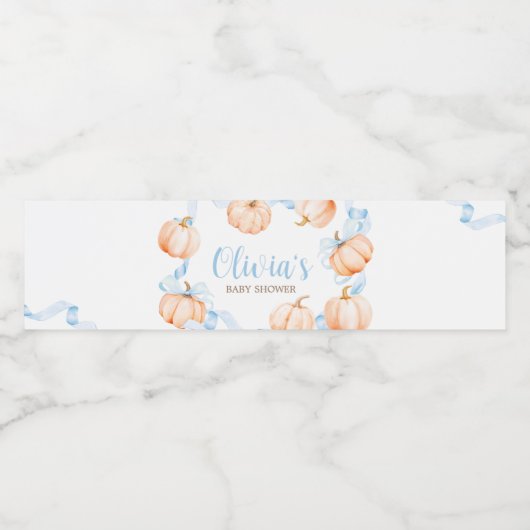 Blue Bow Pumpkin Baby Shower Waterfles Etiket (Enkel label)