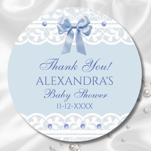 Blue Bow Regency Lace Baby shower dank u Ronde Sticker