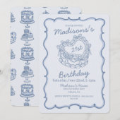 Blue Bow Retro Heart Coquette Cake 21e verjaardag Kaart (Voorkant / Achterkant)