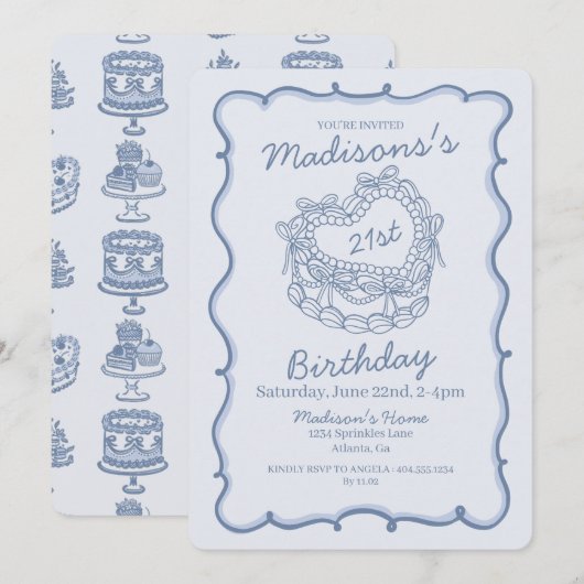 Blue Bow Retro Heart Coquette Cake 21e verjaardag Kaart (Voorkant / Achterkant)