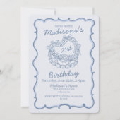 Blue Bow Retro Heart Coquette Cake 21e verjaardag Kaart (Voorkant)