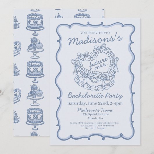 Blue Bow Retro Heart Coquette Cake Bachelorette Kaart (Voorkant / Achterkant)