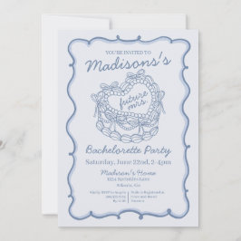 Blue Bow Retro Heart Coquette Cake Bachelorette Kaart