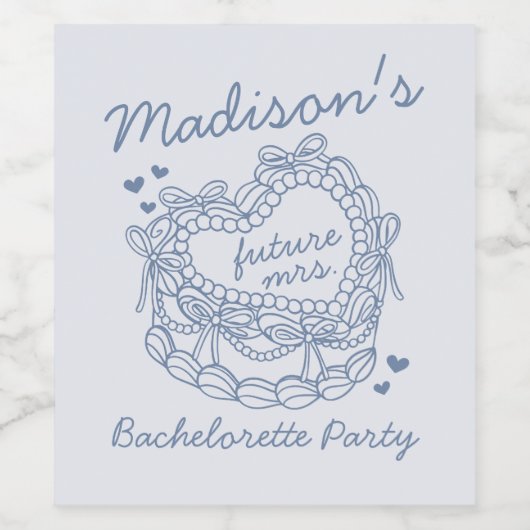 Blue Bow Retro Heart Coquette Cake Bachelorette Wijn Etiket (Enkel label)