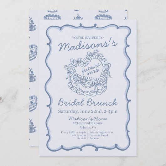 Blue Bow Retro Heart Coquette Cake Bruids Brunch Kaart (Voorkant / Achterkant)