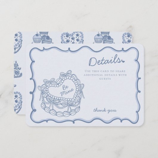 Blue Bow Retro Heart Coquette Cake Details Invoege Informatiekaartje (Voorkant / Achterkant)