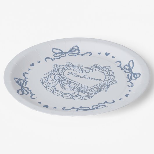 Blue Bow Retro Heart Coquette Cake gepersonaliseer Papieren Bordje (Gekanteld)