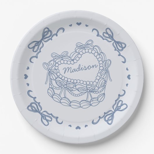 Blue Bow Retro Heart Coquette Cake gepersonaliseer Papieren Bordje (Voorkant)