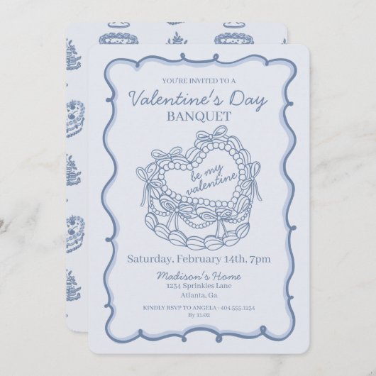 Blue Bow Retro Heart Coquette Cake Valentijn Kaart (Voorkant / Achterkant)