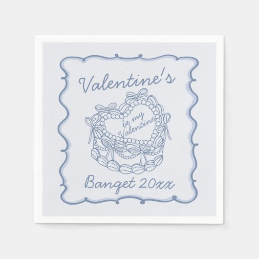 Blue Bow Retro Heart Coquette Cake Valentijnse Servet (Voorkant)
