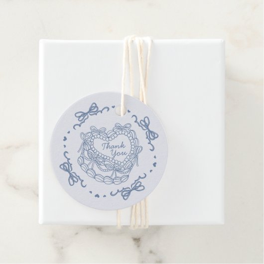 Blue Bow Retro Heart Coquette Cake Verjaardag Bedankjes Labels (In situ)