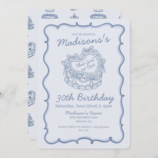 Blue Bow Retro Heart Coquette Cake Verjaardag Kaart (Voorkant / Achterkant)