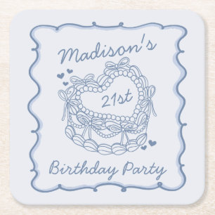 Blue Bow Retro Heart Coquette Cake Verjaardag Kartonnen Onderzetters