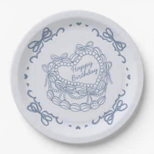 Blue Bow Retro Heart Coquette Cake Verjaardag Papieren Bordje