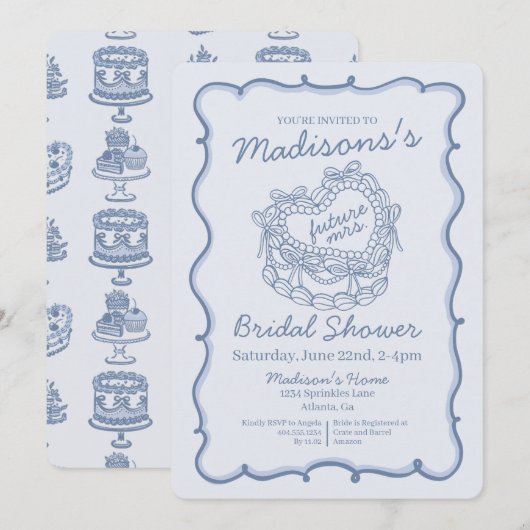 Blue Bow Retro Heart Coquette Cake Vrijgezellenfee Kaart (Voorkant / Achterkant)