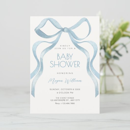 Blue Bow ribbon baby shower Kaart (Staand voorkant)