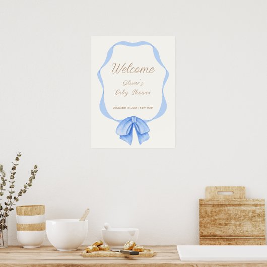 Blue  Bow Ribbon Boy Baby shower Welkom Poster (Keuken)