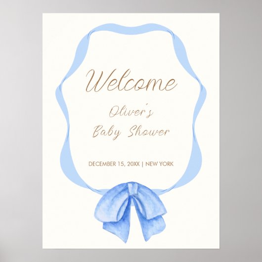 Blue  Bow Ribbon Boy Baby shower Welkom Poster (Voorkant)