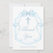 Blue Bow Ribbon Christelijk Cross Gepersonaliseerd Bedankkaart (Voorkant)