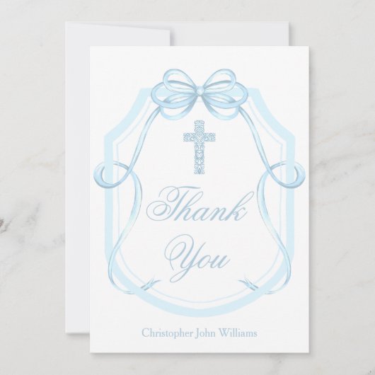 Blue Bow Ribbon Christelijk Cross Gepersonaliseerd Bedankkaart (Voorkant)