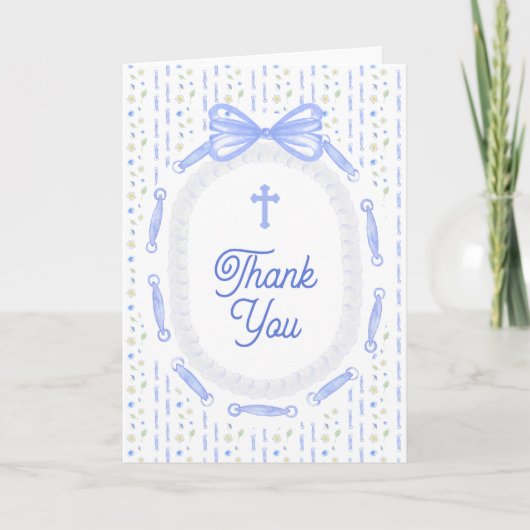 Blue Bow Ribbon Frame Floral Religious Thank You Kaart (Voorkant)