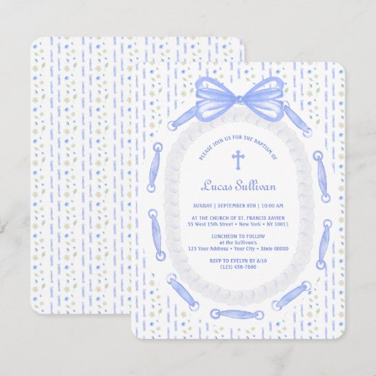 Blue Bow Ribbon Lijst Bloemdoop Kaart (Voorkant / Achterkant)