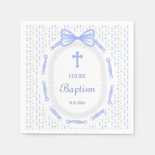 Blue Bow Ribbon Lijst Bloemdoop Servet (Voorkant)