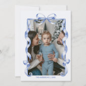 Blue Bow Ribbon Lijst Christmas Familiefoto Feestdagenkaart (Voorkant)