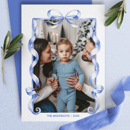 Blue Bow Ribbon Lijst Christmas Familiefoto Feestdagenkaart