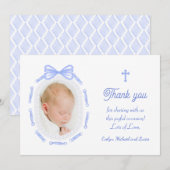 Blue Bow Ribbon Lijst Doop Dankjewel Kaart (Voorkant / Achterkant)