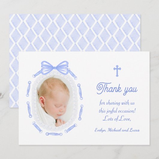 Blue Bow Ribbon Lijst Doop Dankjewel Kaart (Voorkant / Achterkant)
