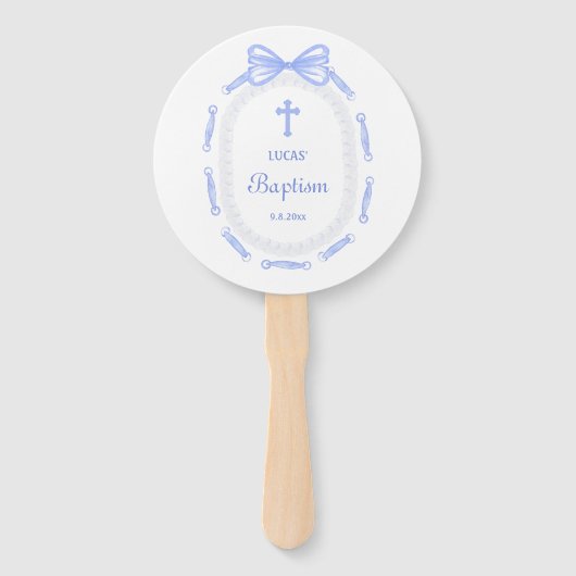 Blue Bow Ribbon Lijst doop Handwaaier (Achterkant)