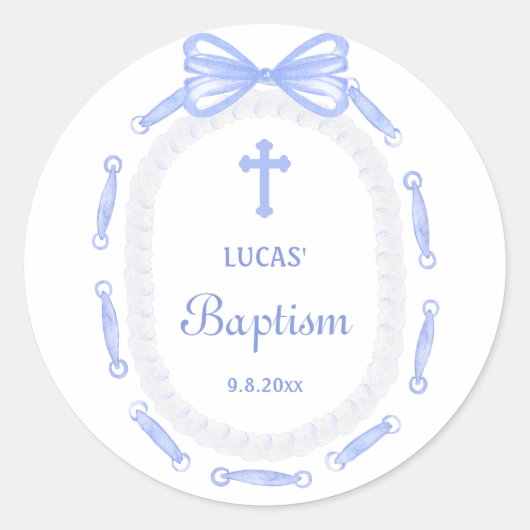 Blue Bow Ribbon Lijst doop Ronde Sticker (Voorkant)