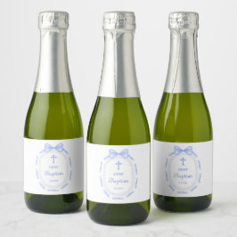 Blue Bow Ribbon Lijst doop Sparkling Wijnetiket
