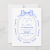 Blue Bow Ribbon Lijst Doopuitnodiging Kaart (Voorkant)